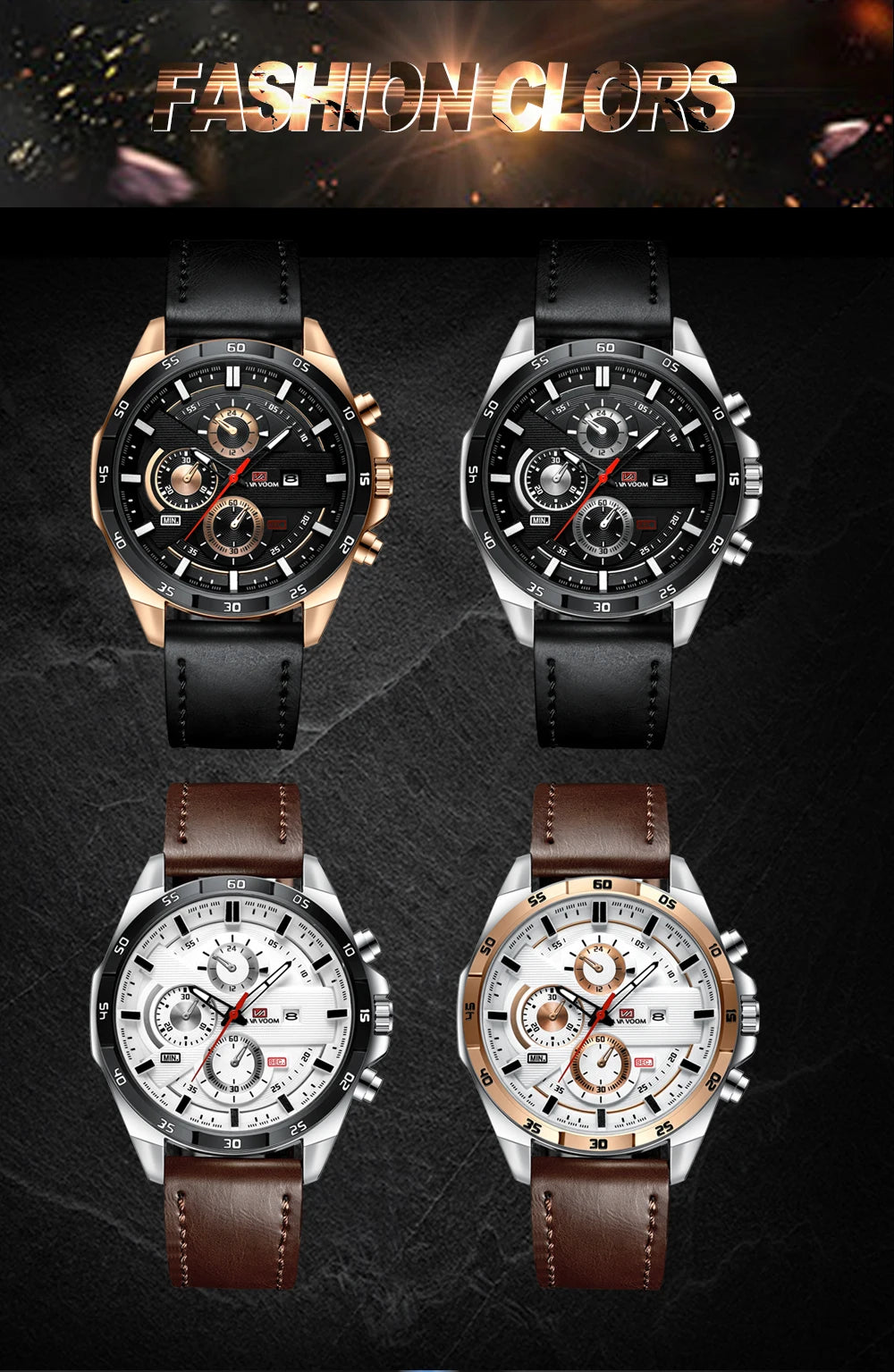 Montres de sport pour hommes, série de course de mode, 46mm, horloge en cuir noir VA VA VOOM, mouvement à Quartz 3Bar, montre-bracelet étanche pour hommes