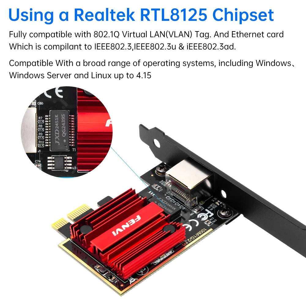 FENVI-Carte réseau 2.5G PCI-E vers RJ45, puce RTL8125B, 100/1000Mbps, 2.5Gbps, adaptateur de contrôleur LAN filaire Ethernet pour Win7/8/10/11