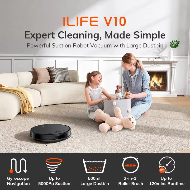ILIFE V10 Robot Vacuum Cleaner, 5000Pa Suction, Gyro Navigation, Self-Charging, Rolling Brush