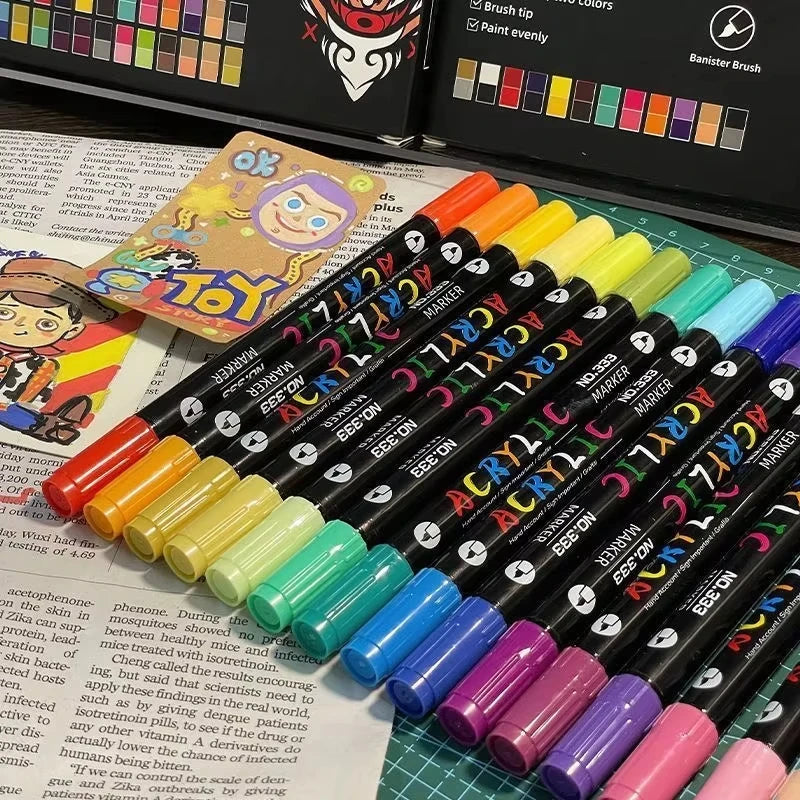 Marqueurs de peinture acrylique professionnels à 48 couleurs, double pointe fine et pinceau, adaptés à la pierre, au bois, à la calligraphie