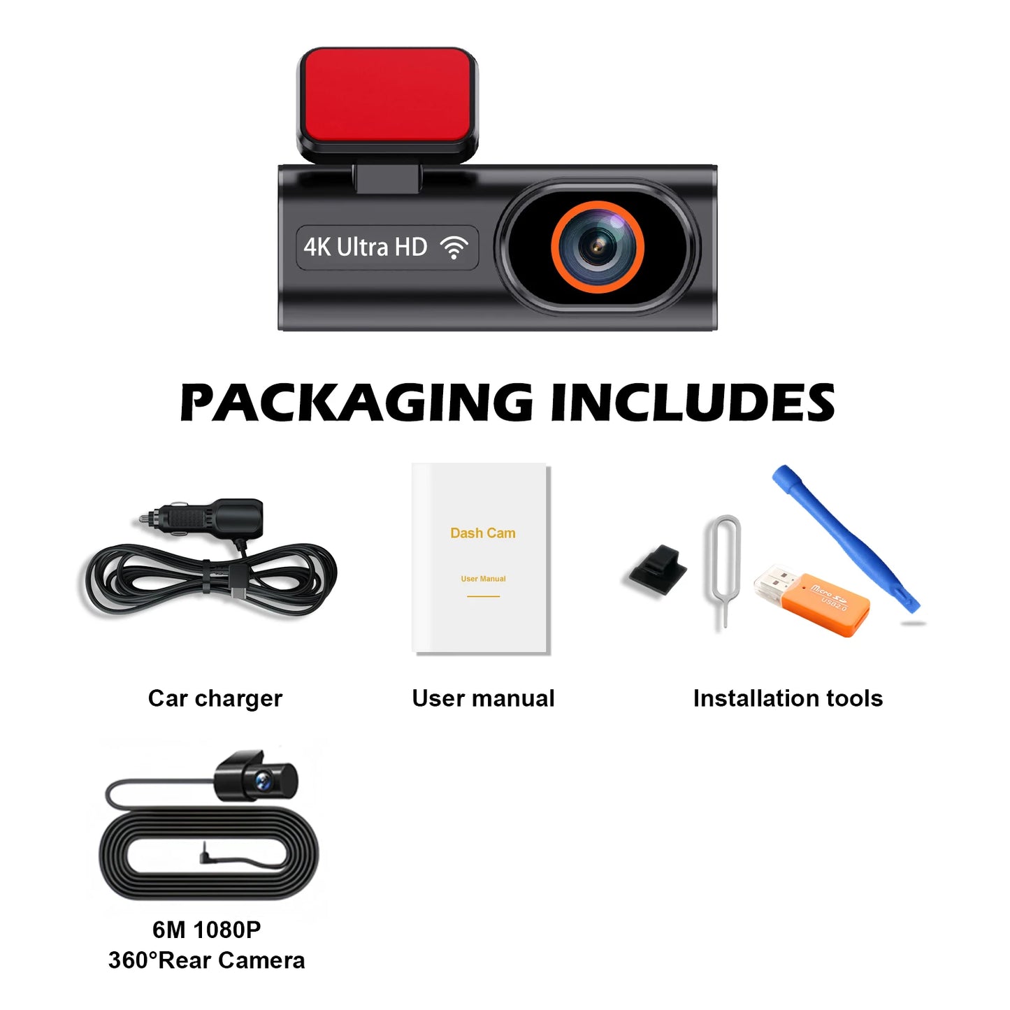 Ultra HD 4K Car Front Dash Cam, Mini WIFI DVR Black Box, with 24H Parking Monitor, Night Vision, Optional GPS/Rear View Camera
