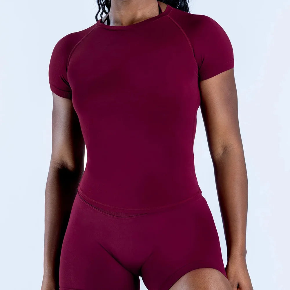 T-shirt de sport pour femme — manches courtes, col rond, respirant, élastique, course, fitness, yoga, entraînement