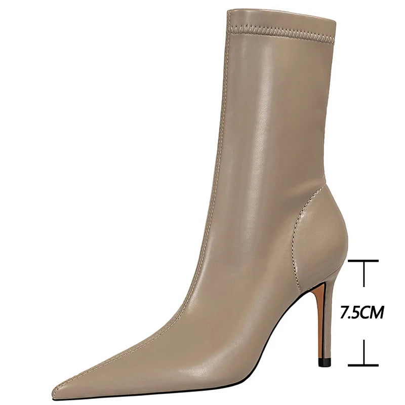 BIGTREE Women's High Heel Leather Boots, Short Ankle Boots, Rinse Shoes, Autumn and Winter
