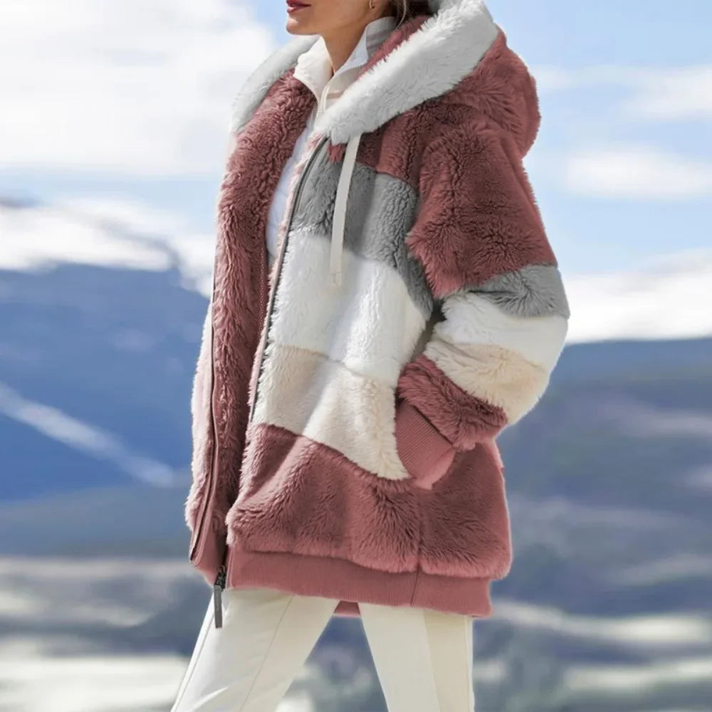 Abrigo de invierno para mujer 2025, chaqueta de mujer con cremallera y capucha, empalmado, cachemira gruesa, chaqueta de mujer, costura a cuadros, abrigos de mujer