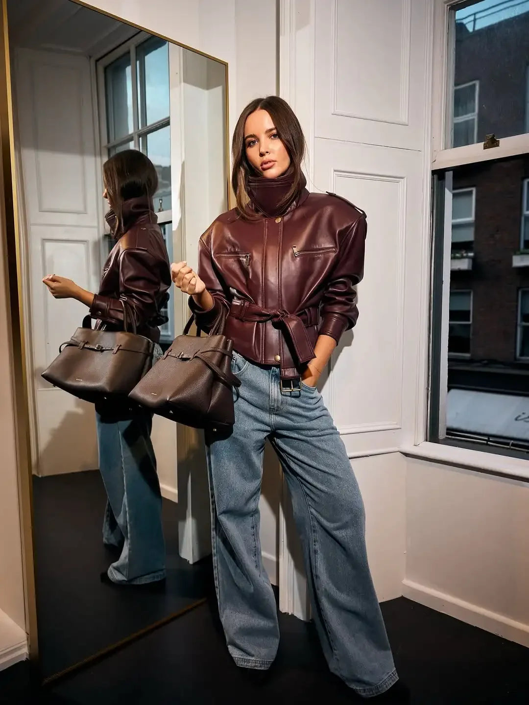 Femmes solide bordeaux taille cintrée veste mode à lacets col montant fermeture éclair seau vestes courtes 2025 dame haute rue manteau