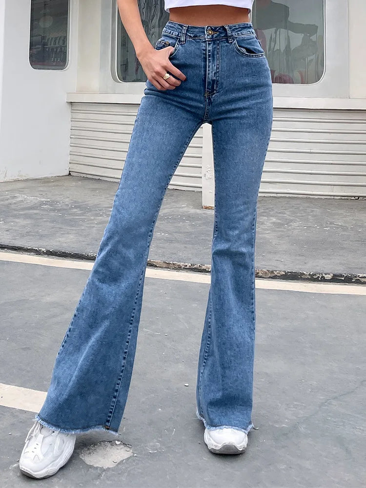 Benuynffy Women's Raw Hem Flare Jeans, Denim Pants, High Waisted, Full Length, Slim Fit, Button Fly, Autumn Fashion