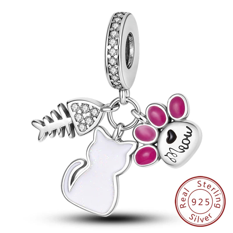 Abalorios de plata de ley 925 con huellas de perro, gato, corazón, animales, abalorios que se ajustan a pulseras, collares, colgantes, joyas para mujer, para hacer tú mismo