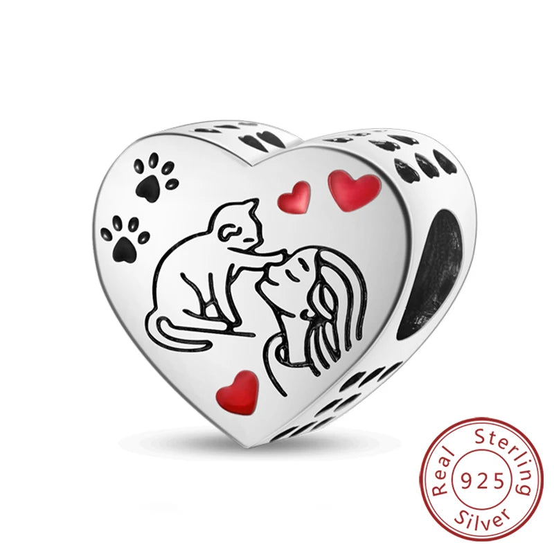 Abalorios de plata de ley 925 con huellas de perro, gato, corazón, animales, abalorios que se ajustan a pulseras, collares, colgantes, joyas para mujer, para hacer tú mismo