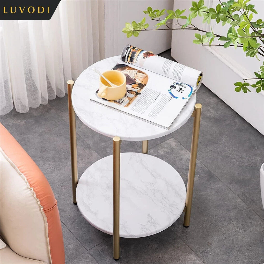 LUVODI 2-Tier Round Sofa Side Tables, Plant Stand with Storage Shelf, Metal Frame for Living Room Bedroom
