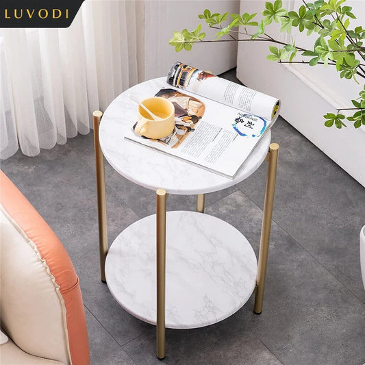 LUVODI 2-Tier Round Sofa Side Tables, Plant Stand with Storage Shelf, Metal Frame for Living Room Bedroom