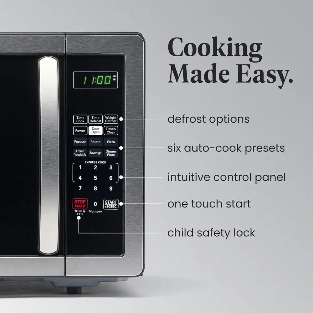 1.1 Cu. Ft. Countertop Microwave - 1000 Watts, Auto Cook, Roasting, Easy Clean, Child Safety Lock