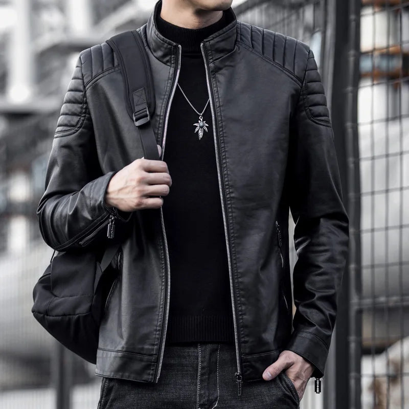 Veste de moto en cuir PU pour homme, col montant, coupe-vent décontracté, vêtements ChimMens, noir, bleu, hiver, 2024