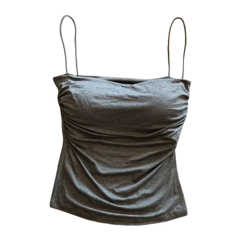 Débardeur plissé sans manches pour femme, coupe ajustée, style sexy, court, avec fines bretelles, couleur unie, simple et tendance