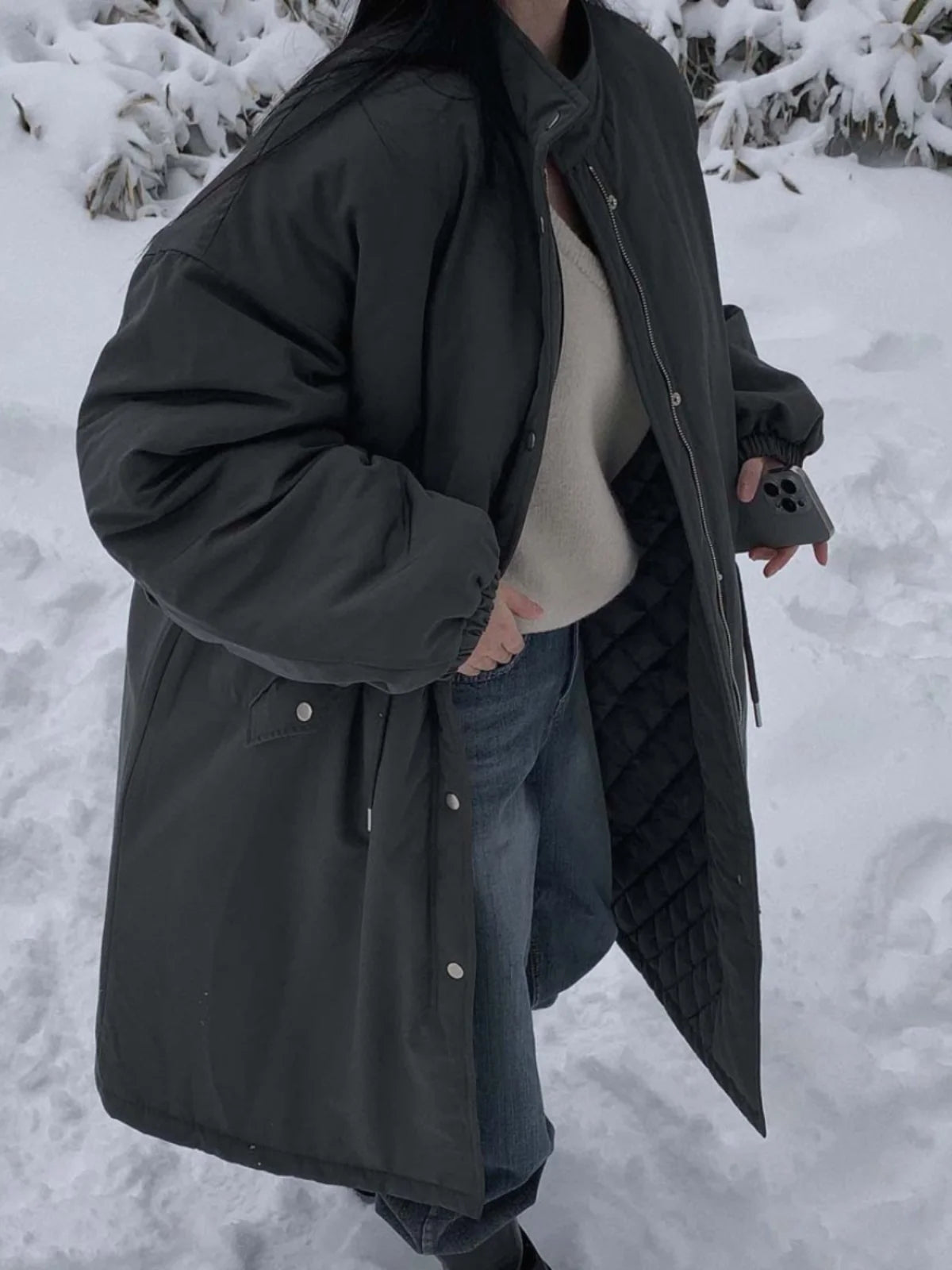 Manteau long chic en coton pour femme, chaud, style coréen, coupe ample, avec cordon de serrage, idéal pour le travail et les trajets quotidiens