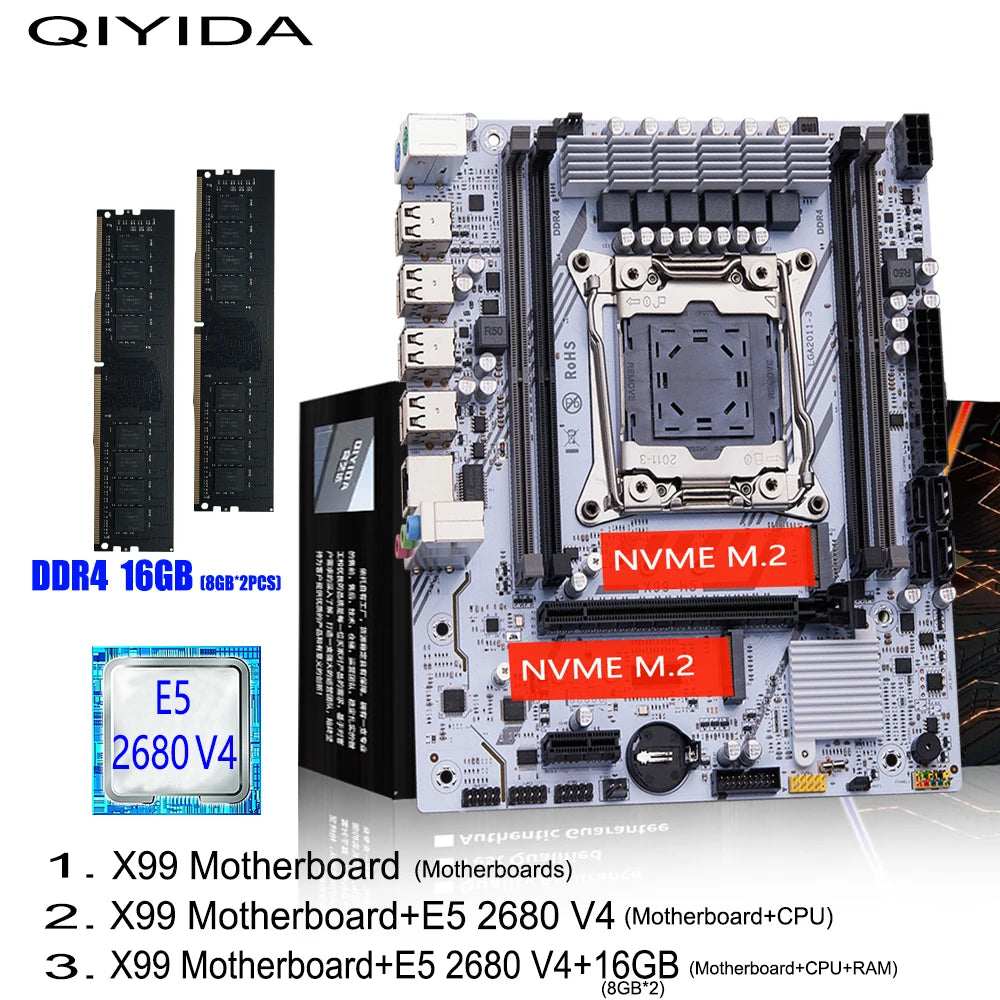 QIYIDA X99 Kit de carte mère LGA2011-3 Xeon E5 2680 V4 DDR4 16GB (2x8gb) PC4 SATA PCI16x3.0 NVME M.2 ordinateur de jeu