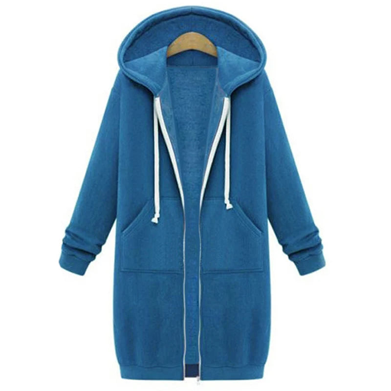 Women's Thick Hooded Parka, Loose Jacket with Zipper, Pockets, Maxi Length, Sporty Dress, Outerwear, Autumn Winter 2024