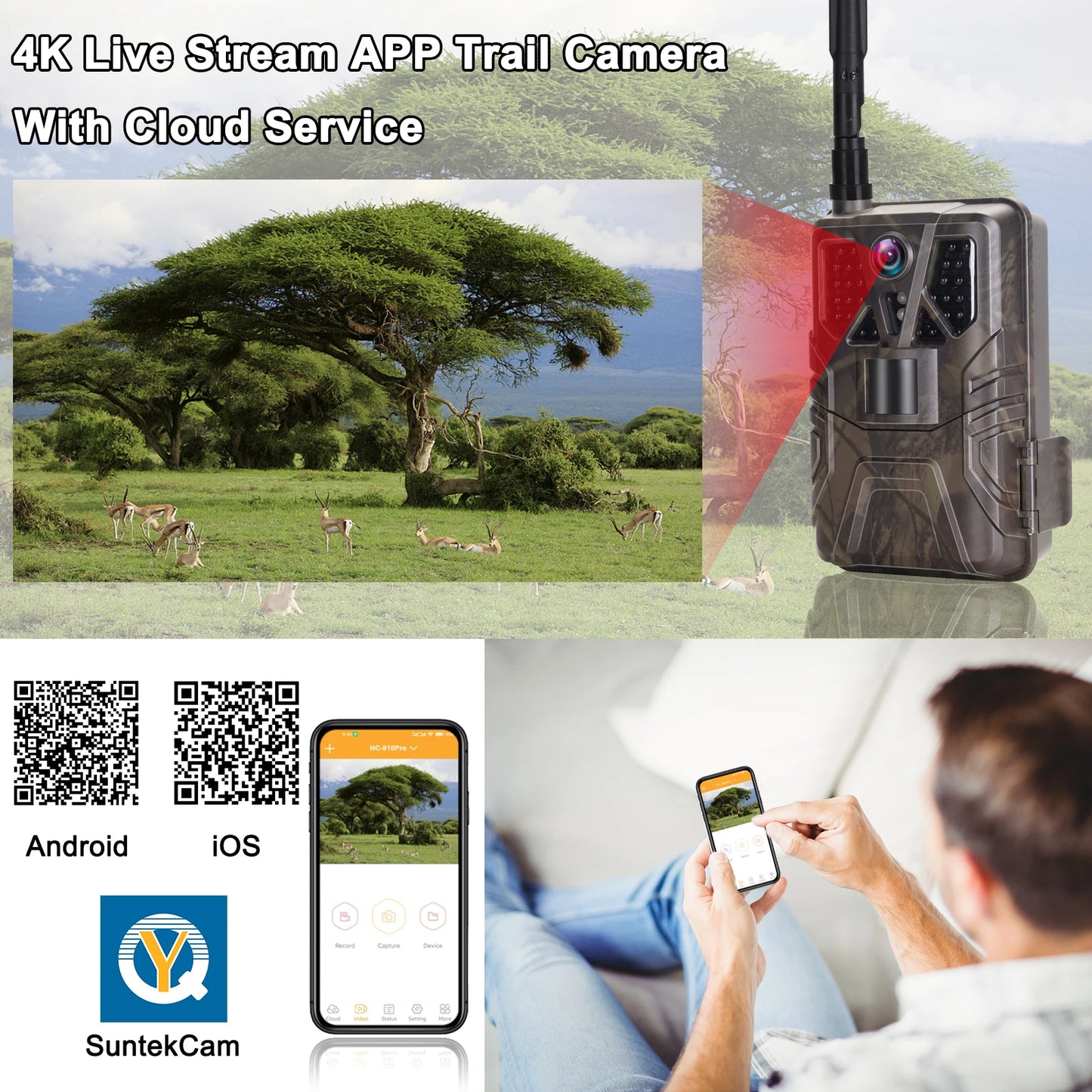 Caméra de chasse 4K 30fps avec contrôle par application, service cloud, 4G, 30MP, diffusion en direct, vision nocturne, piège photo pour la chasse sauvage HC910PRO