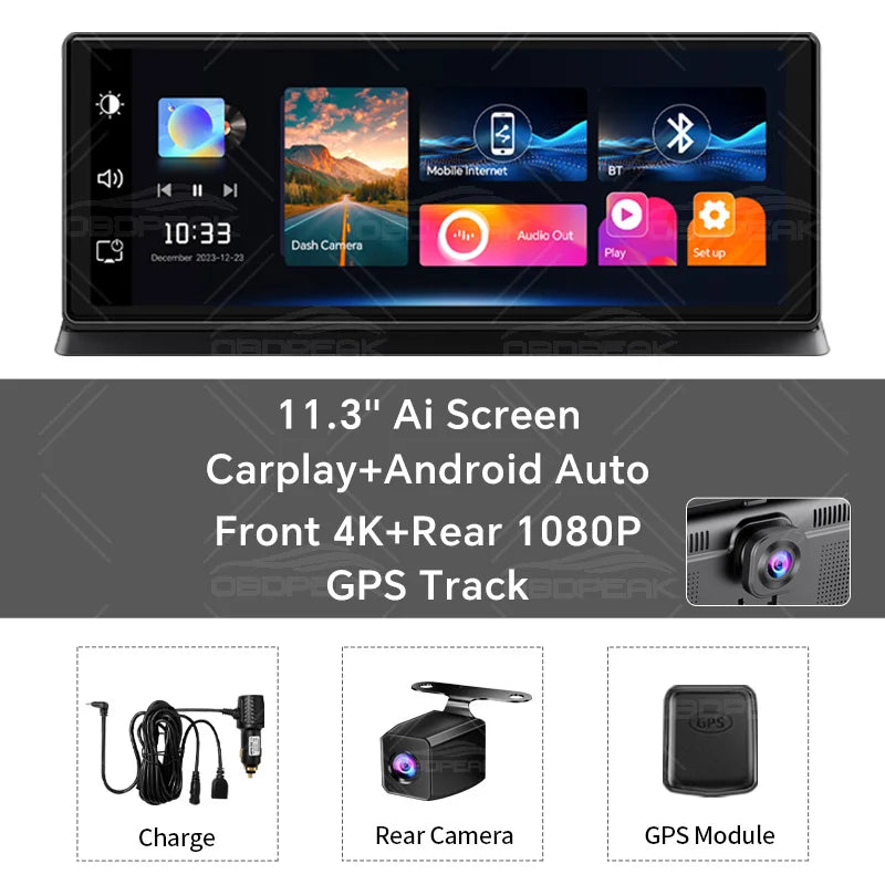 Cámara de salpicadero inalámbrica para coche, K2 Pro, DVR 4K, Carplay, Android Auto, pantalla AI, grabadora de vídeo Len para turistas, navegación GPS, salpicadero Prada, 11.3 pulgadas