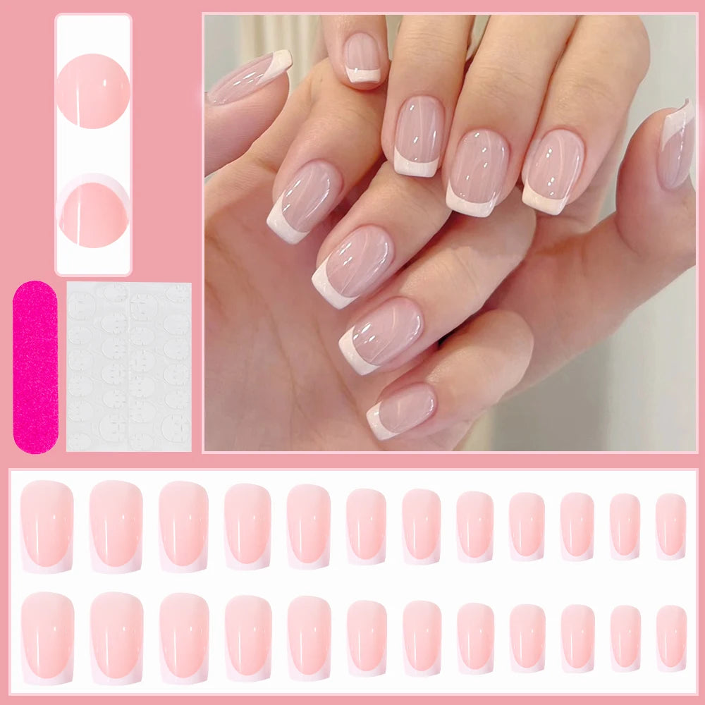 24 pièces/ensemble français rose carré court faux ongles presse sur ongles bord blanc nu rose ongles conseils couverture complète portable pointe française
