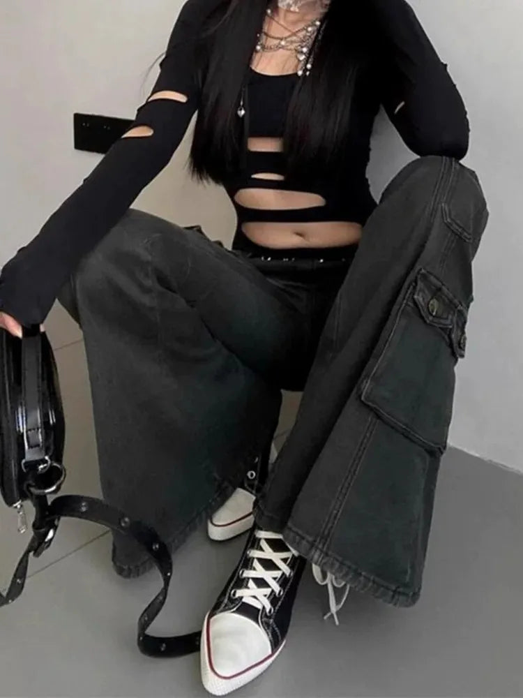 2025 Cyber Y2K Streetwear Vintage Black Slim Flare Cargo Jeans Pants Women's Clothing Multi-Pocket Lady Trousers