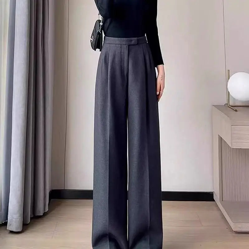 Pantalones rectos de mujer de cintura alta, delgados, informales, de color liso, holgados, elegantes, de pierna ancha, para oficina, a la moda, para otoño