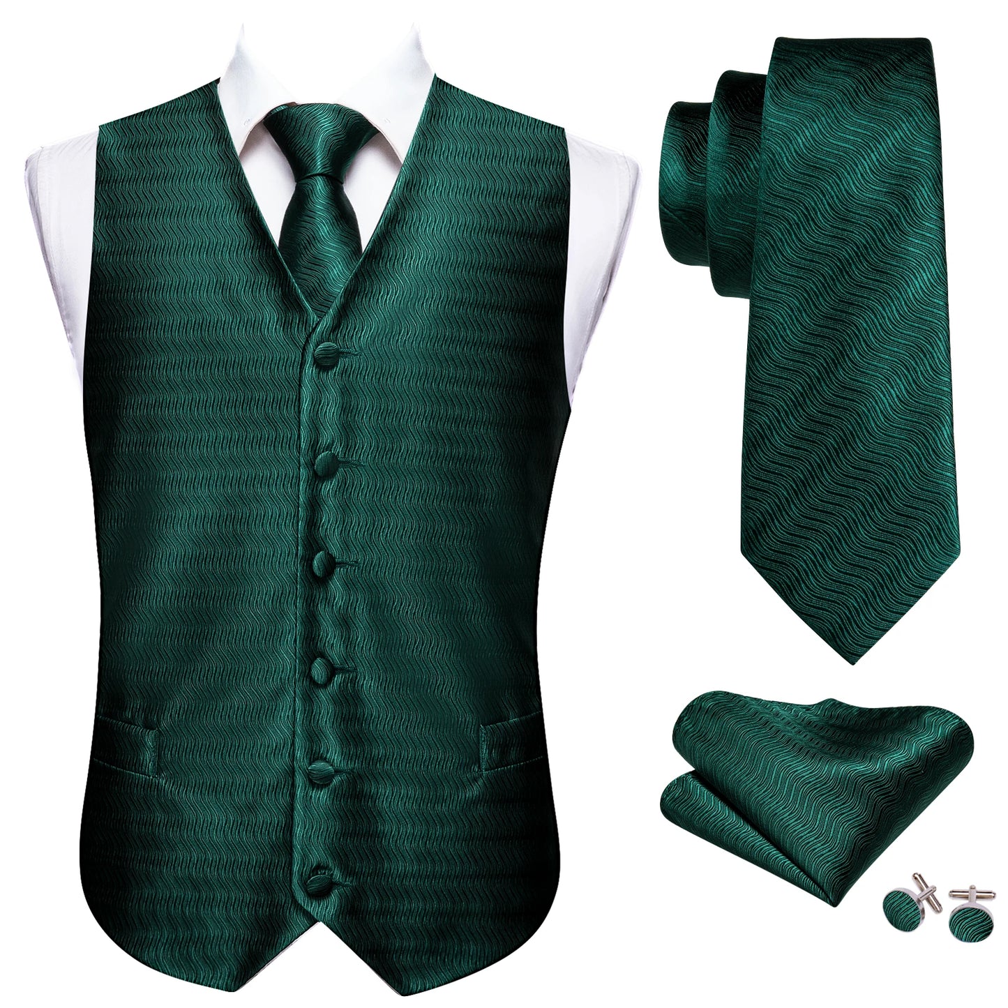 Gilet pour homme vert Paisley Floral slim — sans manches, formel, cravate, pochette assortie