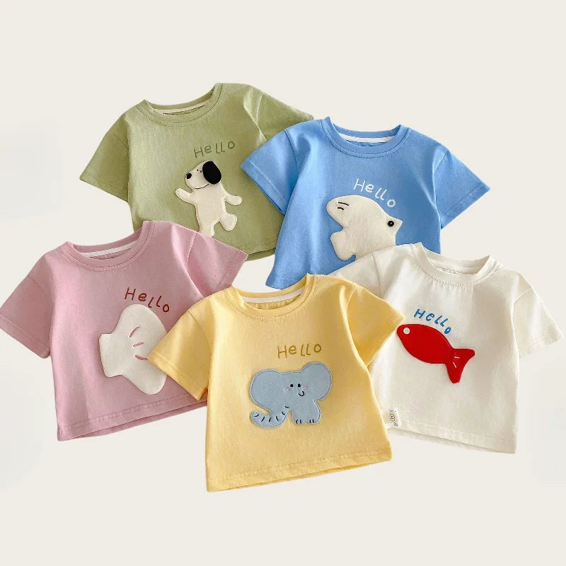 Nouvelle collection été 2026 : T-shirt décontracté à manches courtes pour enfants (0-5 ans) avec patchs de dessins animés mignons et imprimé lettres – Doux et confortable pour filles et garçons