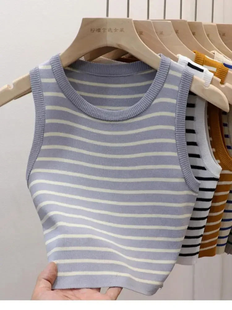 Débardeurs rayés tricotés sans manches pour femme, collection Printemps-Été 2026, style crop top, coupe ajustée élastique, décontracté, pull-over, camisole