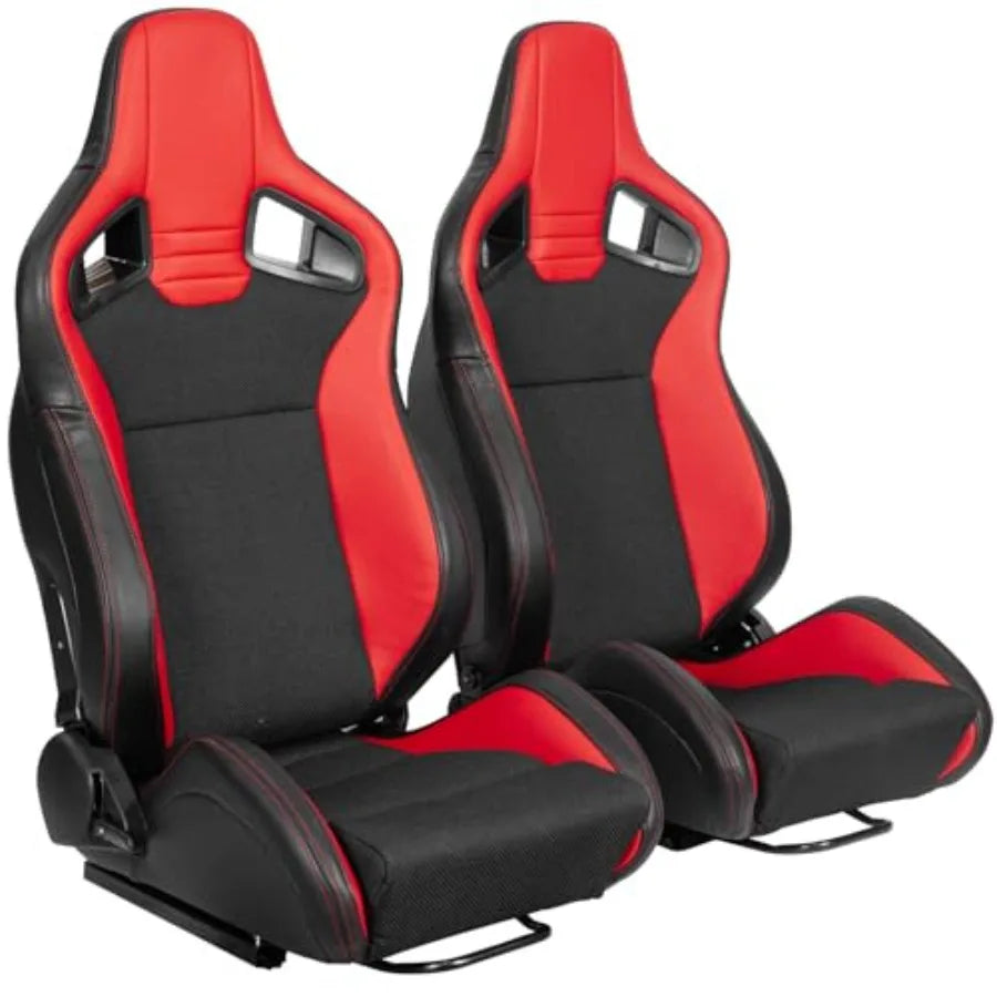 Universal Pair of Racing Seats V2 Series, Red PVC Leather Black Mesh Gloss Fabric, Reclinable Bucket Seats for Central Sports Cars