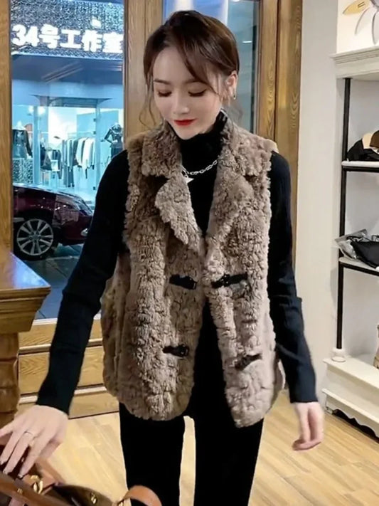 Chaleco sin mangas de piel de cordero para mujer, color caqui, informal, de trabajo, para otoño, ropa de moda, 2025, acolchado ligero clásico