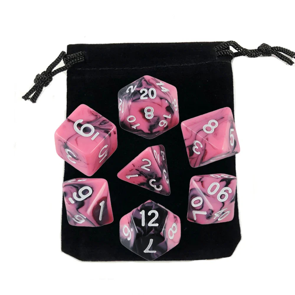 Dés polyédriques avec sac — jeu de société, jeu de rôle, d4, d6, d8, d10, d12, d20, 7 pièces