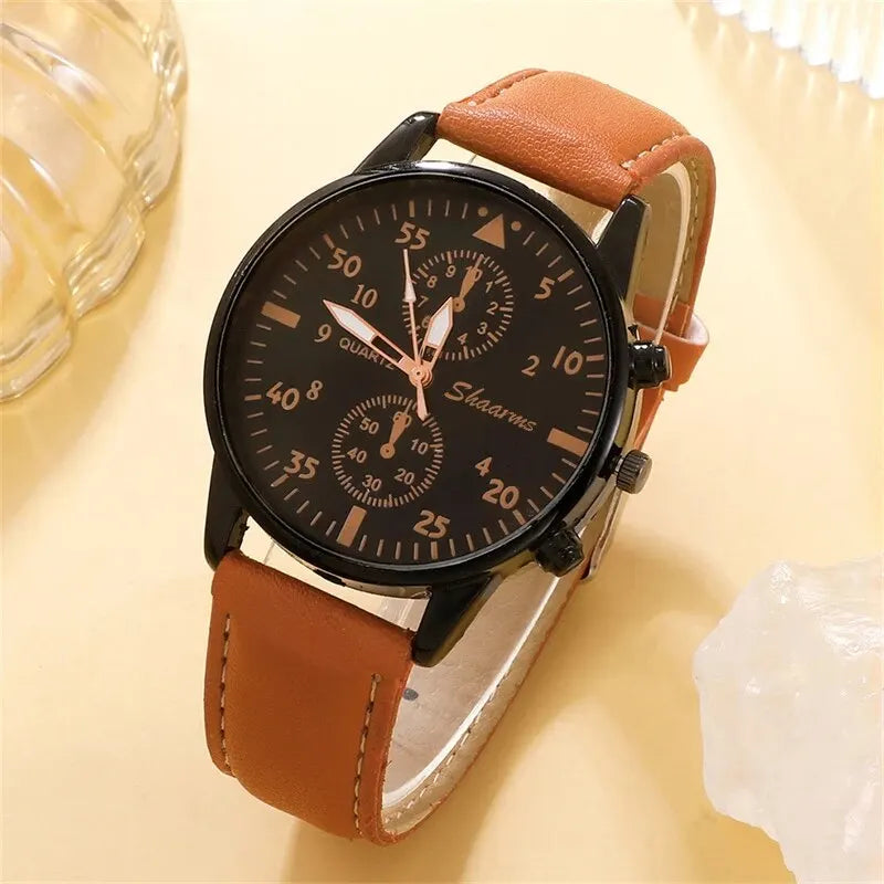 New Men Luxury Watch Bracelet Set Business Fashion Brown Leather Quartz Watches for Men Gift Relogio Masculino