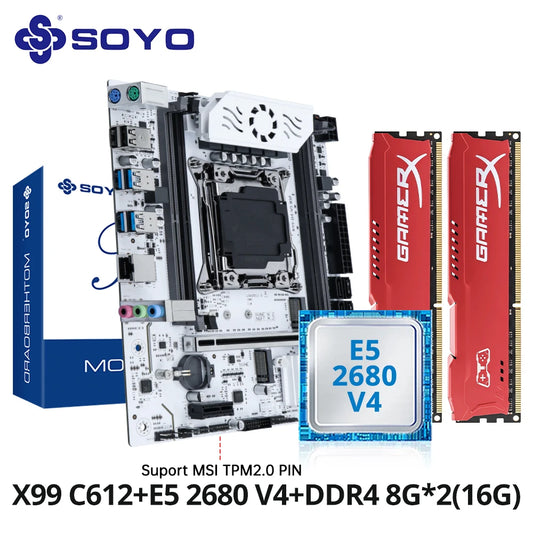 SOYO X99 jeu de carte mère C612 Chipset TPM2.0 broche avec E5 2680 V4 CPU et DDR4 16G (2*8G) 2133MHz RAM PCIE3.0 pour ordinateur de bureau