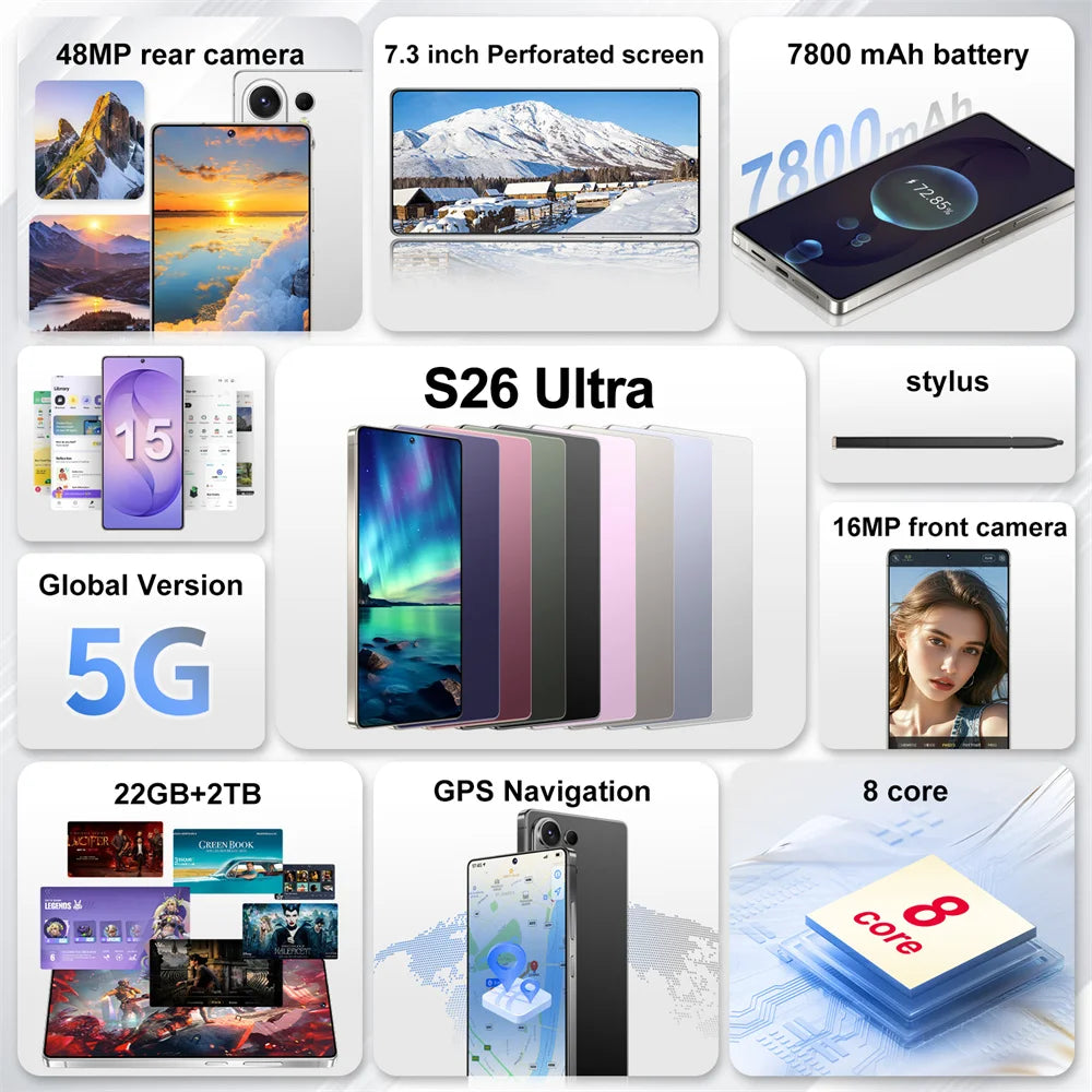 Smartphone Original 2026 pour S26 Ultra 5G 7.3HD AI 8 cœurs Double SIM 16G+1TB Téléphone Portable Android Débloqué