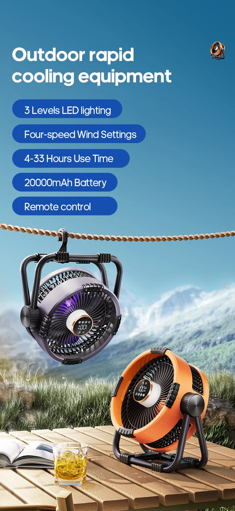 Ventilateur de Camping en plein air Portable 6 en 1, 20000mAh, Rechargeable, sans fil, ventilateur de plafond pour tente, réglage à 4 vitesses, éclairage LED, batterie externe