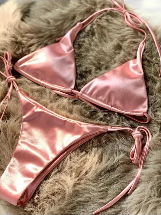 Licou brésilien métallique Satin Bikini femmes maillots de bain femme maillot de bain deux pièces Bikini ensemble coupe haute maillot de bain maillots de bain