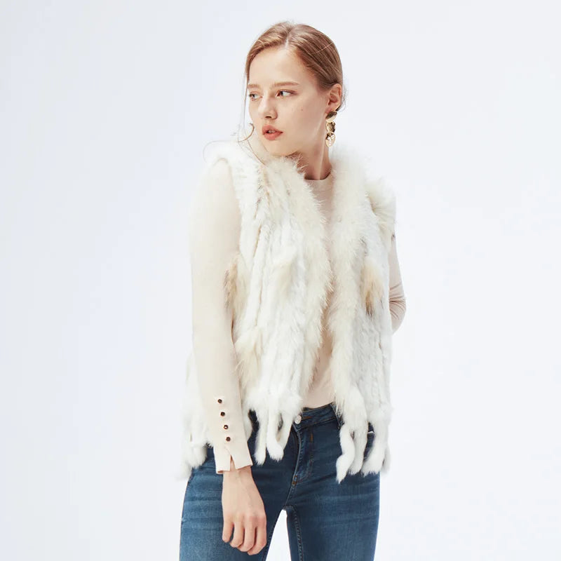 Gilet à glands en véritable fourrure de lapin tricoté — vintage, garniture fourrure raton laveur