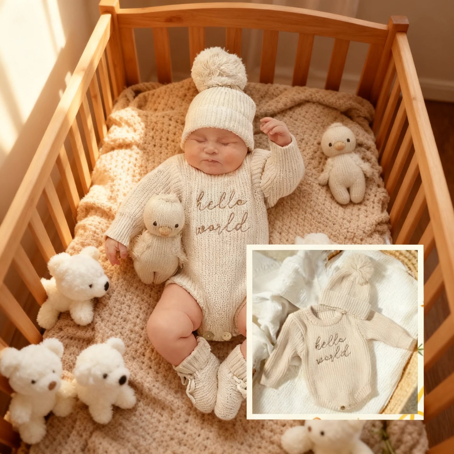 Barboteuse tricotée pour nouveau-né — chapeau à pompon, pull bébé garçon et fille, séance photo HD (v5)