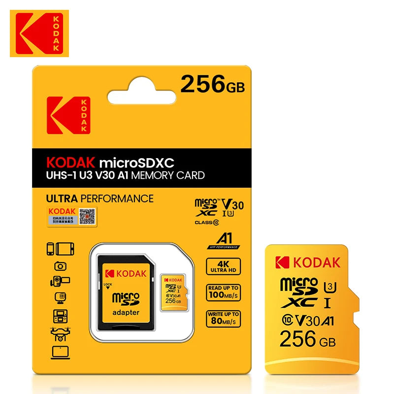 Original Kodak U3 A1 V30 MicroSD 128GB 32GB 64GB 256GB classe 10 cartes 32 64 128 256GB carte mémoire de téléphone vidéo