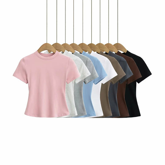 T-Shirt Manches Courtes Slim Femme — Tendance Couleur Unie Y2K 2024