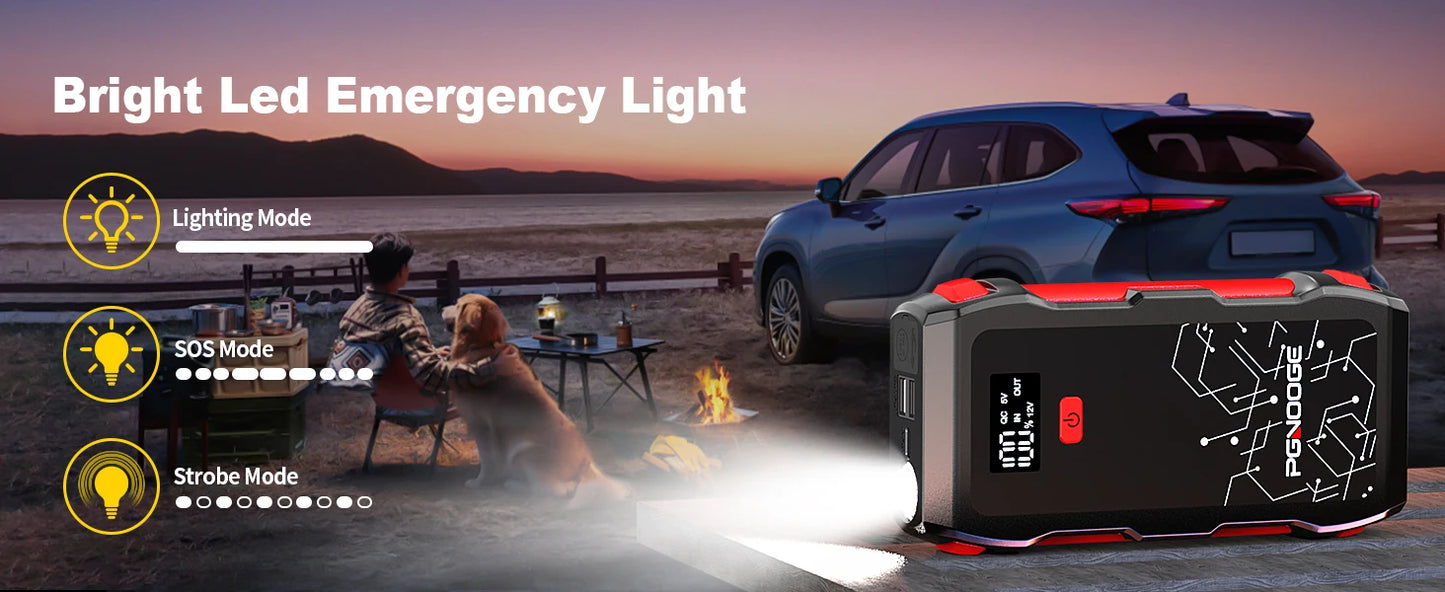 PGNOOGE 26800mAh 6000A de Crête Démarreur de Batterie, Booster de Batterie pour Tous les Moteurs Essence et 10L Diesel, 12V Batterie Voiture avec Lampe Torche, Affichage LED, Charge Rapide USB