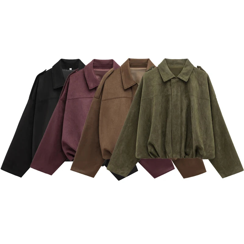 Veste bomber femme en daim — revers, fermeture éclair, manches longues, recadrée, 2025
