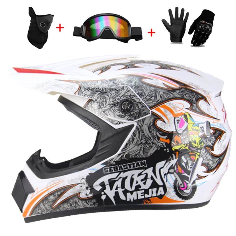 Kids Full Face Motorcycle Helmet, Youth Motocross Helmets, Off-Road Goggles, Cycling Protective Gloves