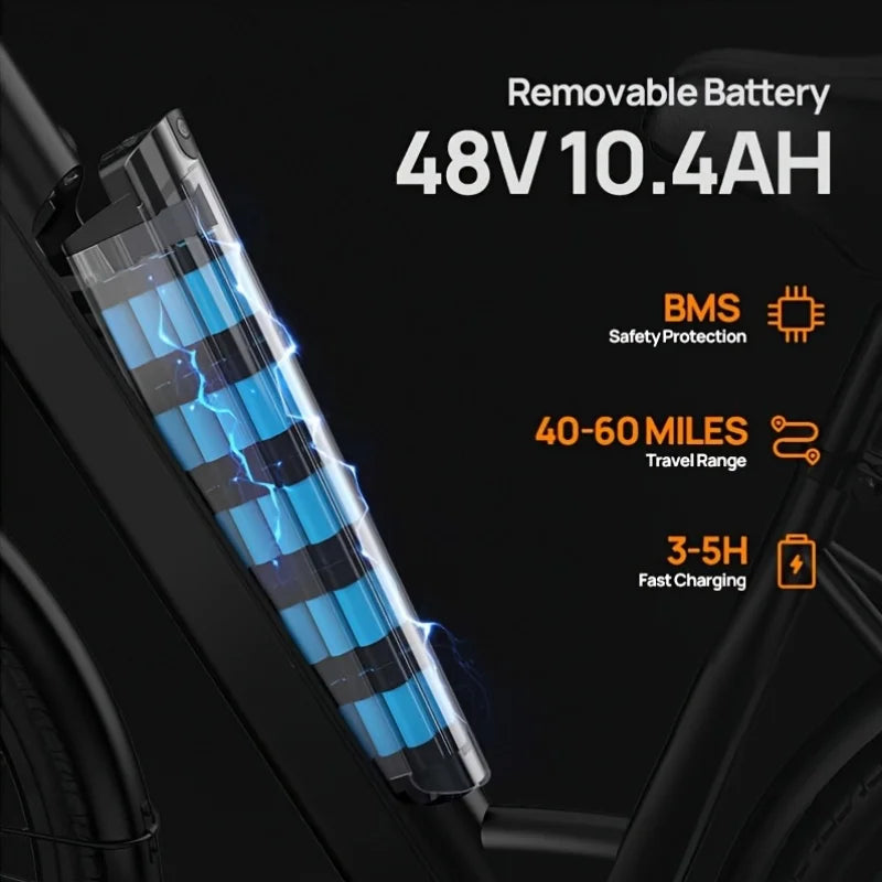 Neumáticos de bicicleta eléctrica de 750W 26x2 pulgadas, 48V, 10,4 Ah, pantalla LCD extraíble, velocidad de 20 MPH, frenos de disco hidráulicos de 7 velocidades para adultos