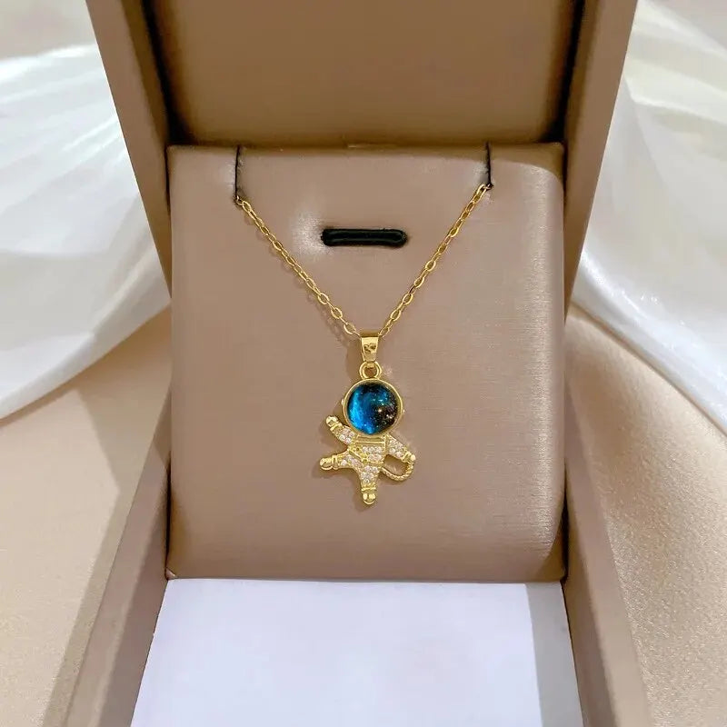 Collier pendentif astronome planète lune pour femme — acier au titane, document en or, bijoux cadeau