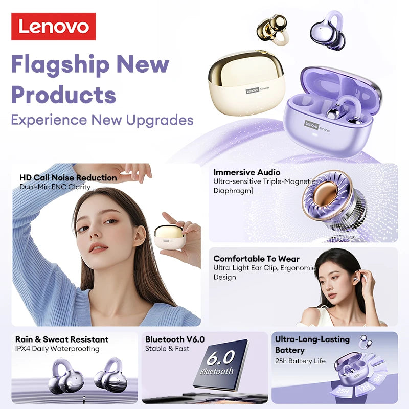 Auriculares Lenovo LE302 HIFI estéreo deportivos de clip abierto, Bluetooth 6.0 con cancelación de ruido y batería de larga duración
