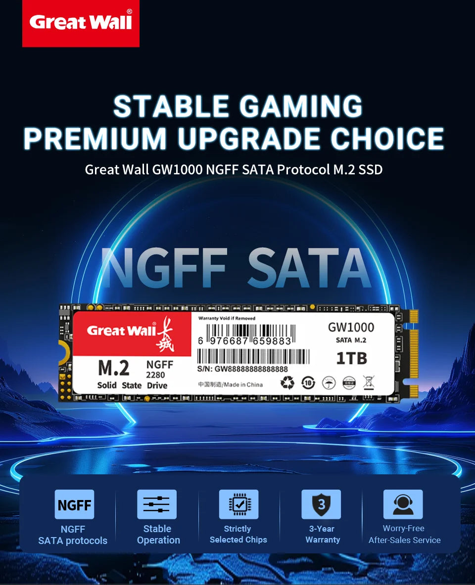 Disque SSD Great Wall M.2 2280 128 Go 256 Go 512 Go 1 To NGFF 2 To, disques à semi-conducteurs 540 Mo/s M2 SATA pour PC de bureau et ordinateur portable