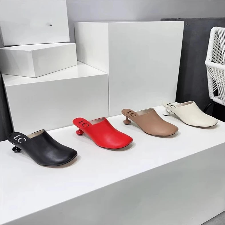 Pantoufles Bout Carré Mi-Talons Femme — Cuir Mule Élégante Printemps