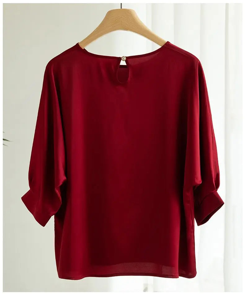 Nouveauté 2026 – T-shirt basique en satin de soie à manches courtes pour femme, col rond, coupe décontractée et légère, chemisier ample pour femme