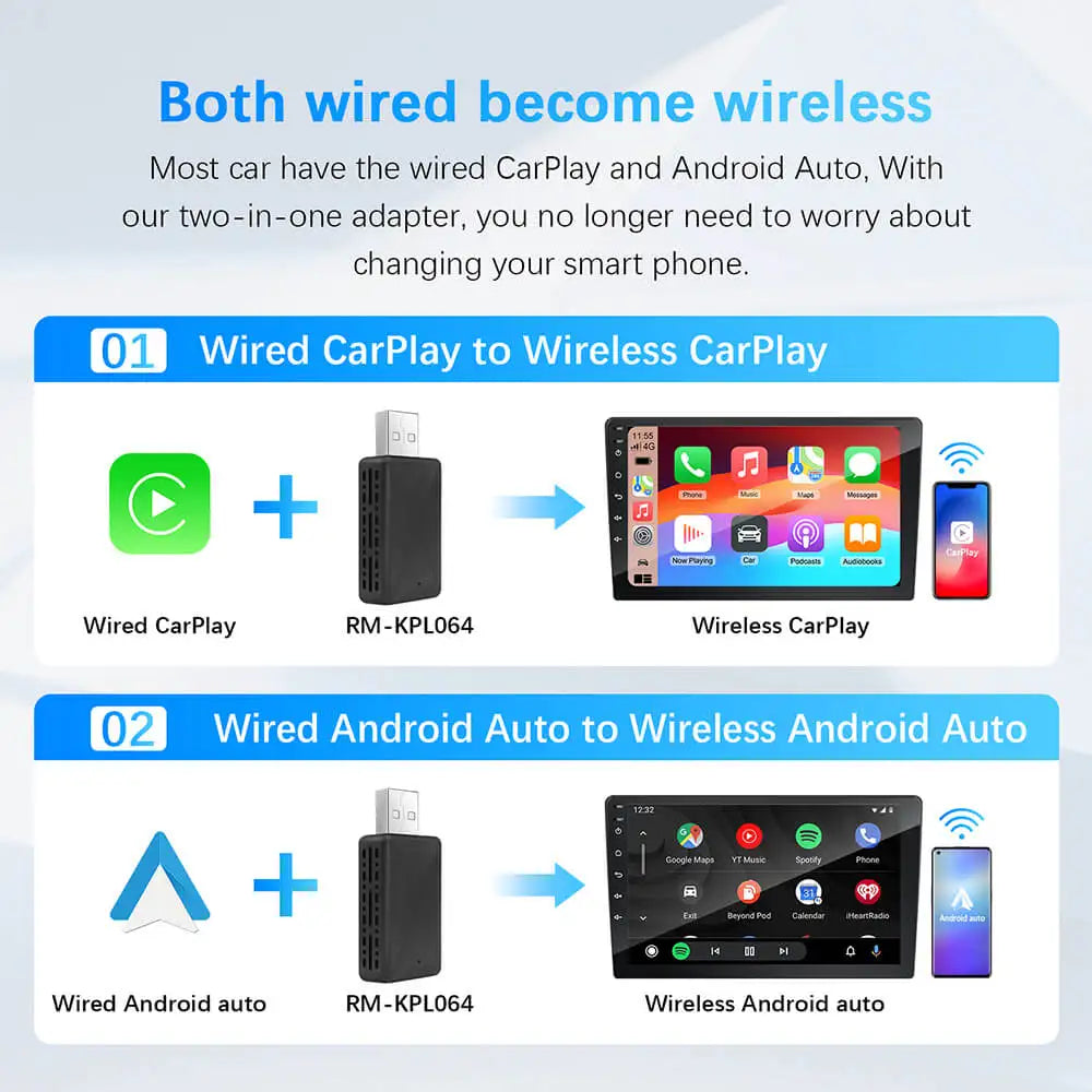 Wired to Wireless 2-in-1 Car Adapter CarPlay Android for OEM Car Radio with USB Plug and Play